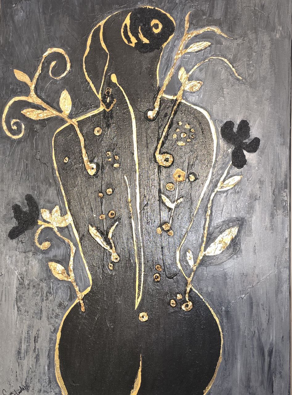 This artwork uses a combination of oil<br />
and acrylic paint, enhanced by strong<br />
textures and gold leaf, to address the<br />
subject of pellet shootings at protesters<br />
in the "Woman, Life, Freedom"<br />
movement. The piece abstractly<br />
depicts a human figure adorned with<br />
golden lines and motifs. The curved<br />
lines and botanical designs emerging<br />
from the body symbolize life and<br />
growth, but here they are juxtaposed<br />
with a harsh and painful reality.<br />
The dark colors and shadows in the<br />
background evoke a sense of fear,<br />
insecurity, and pain. The use of golden<br />
motifs ironically highlights the value<br />
and beauty of life, which is marred by<br />
violence and oppression. The<br />
numerous small points, resembling<br />
pellets, scattered across the figure's<br />
body clearly signify the attacks and<br />
brutality faced by the protesters.<br />
This piece masterfully illustrates the<br />
contrasts between life and death,<br />
beauty and violence, and hope and<br />
despair, inviting the viewer to reflect on<br />
the social and human condition.<br />
