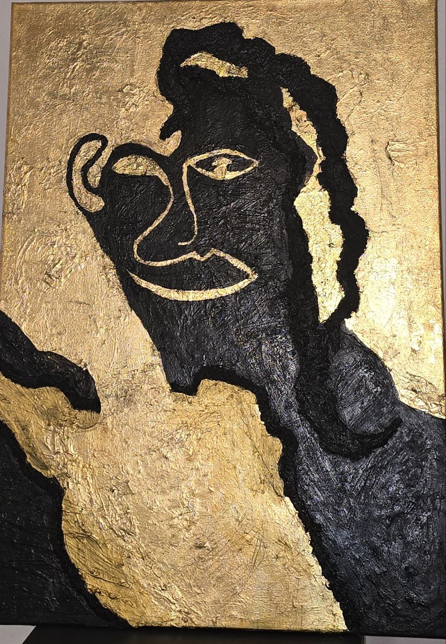 This artwork portrays a woman with<br />
golden hair that artistically and<br />
abstractly extends down to form the<br />
map of Iran. The use of gold and black<br />
colors evokes a sense of grandeur and<br />
power, symbolizing the profound and<br />
influential connection between women<br />
and the history and culture of Iran. The<br />
curved lines and strong textures<br />
illustrate movement and flow within the<br />
piece, conveying a sense of unity and<br />
interconnectedness between the<br />
woman and the land.<br />
The name "Golden Roots" aptly reflects<br />
the deep and valuable connection of<br />
women to the history and culture of<br />
Iran, highlighting the inherent beauty<br />
and significance of this bond.