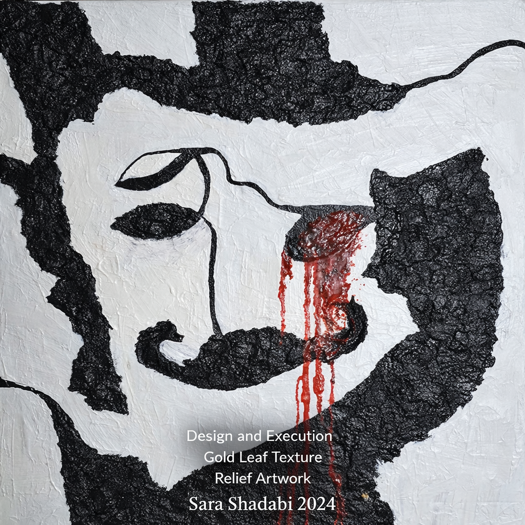 This artwork uses a combination of oil<br />
and acrylic paint, enhanced by strong<br />
textures and gold leaf, to address the<br />
subject of pellet shootings at protesters<br />
in the "Woman, Life, Freedom"<br />
movement. The piece abstractly<br />
depicts a human figure adorned with<br />
golden lines and motifs. The curved<br />
lines and botanical designs emerging<br />
from the body symbolize life and<br />
growth, but here they are juxtaposed<br />
with a harsh and painful reality.<br />
The dark colors and shadows in the<br />
background evoke a sense of fear,<br />
insecurity, and pain. The use of golden<br />
motifs ironically highlights the value<br />
and beauty of life, which is marred by<br />
violence and oppression. The<br />
numerous small points, resembling<br />
pellets, scattered across the figure's<br />
body clearly signify the attacks and<br />
brutality faced by the protesters.<br />
This piece masterfully illustrates the<br />
contrasts between life and death,<br />
beauty and violence, and hope and<br />
despair, inviting the viewer to reflect on<br />
the social and human condition.<br />
